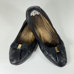 Salvatore Ferragamo My Joy Black Lizard Embossed Leather Bow Ballet Flats SZ 36