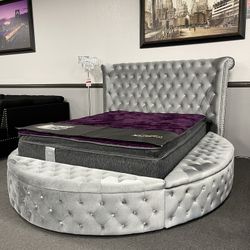 Gray Round Bed W/ Side Storage In Queen