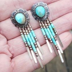 Vintage Turquoise Sterling Silver Fringe Dangle Earrings 2"