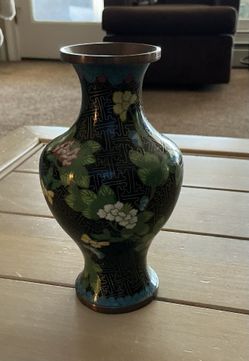Vintage Chinese Cloisonné Green Floral Enamel 