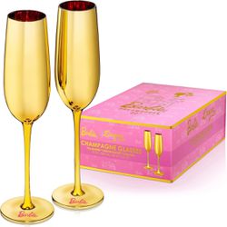 Dragon Glassware X Barbie Champagne Flutes, Barbie Dreamhouse Collection, Gold With Pink Interior Crystal Glass, Mimosa And Cocktail Glasses, 8 Oz Cap
