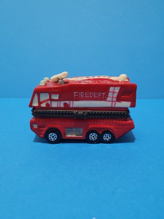 Vintage Fire Truck Porcelain Hinged Trinket Box 3"x1.5".