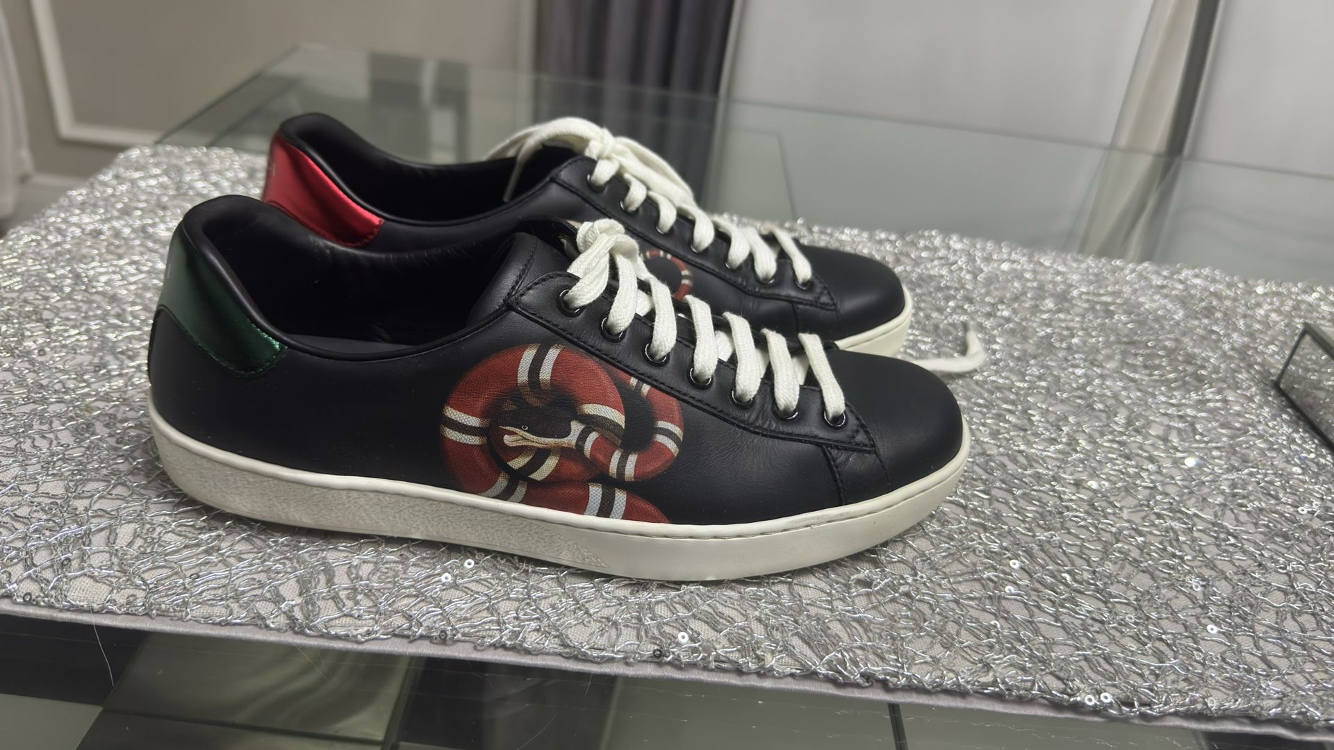 Gucci Ace Kingsnake Sneakers Black Leather Size 7