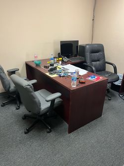 Matching desk, table, and bookshelf