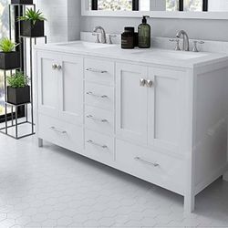 60” White Double Bathroom Vanity Cabinet w Speckled Quartz Countertop & Square Sinks