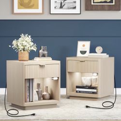 Fluted Nightstand Set of 2 - Nightstands with Charger Station and LED Light, Large Modern Night Stand, Wooden Bedside Table with Drawers, 22" Wide Nig