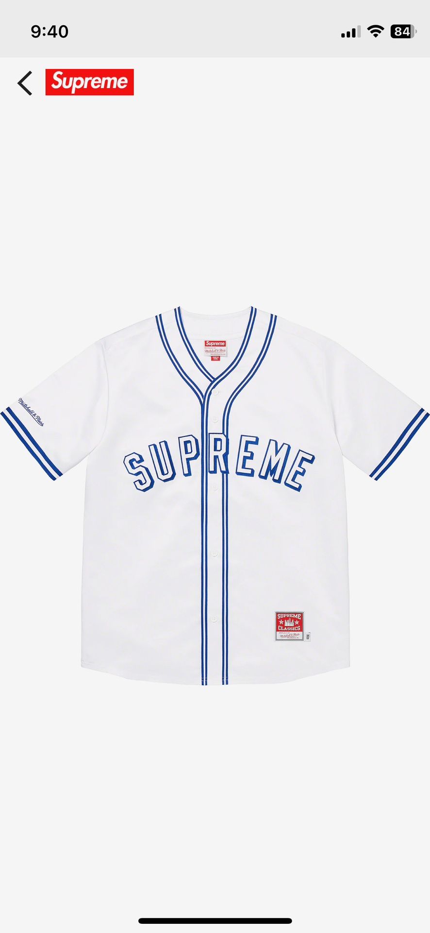 Supreme Mitchell & Ness Satin Baseball Jersey DS XL White Blue for