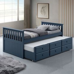 Twin Size Captain Bed with Trundle 3 Drawers Midnight Blue Finish