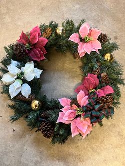 Christmas Wreath with Poinsettias and Pine Cones