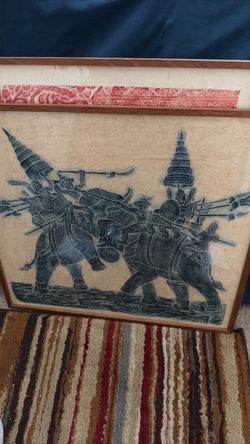 Vintage Mid-Century Framed Thai Temple Rubbings on Rice Paper - Set of 3 (Red, Blue, Green)