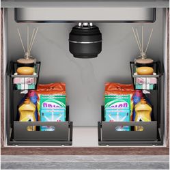 Under Sink Organizers and Storage 2 Tier Slide Out Kitchen Cabinet Organizer Sturdy Metal Bathroom Storage (Black, 2 Pack)
