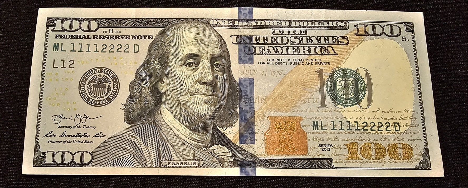 100 Dollar Bill Serial Number 11112222 Double Quad