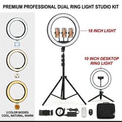 18 Inch & 10 Inch LED Ring Light Kit Bluetooth Remote 4 Phone Holders Tripod
