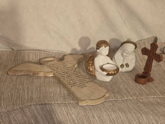 Inspirational & Religious Decor Lot: Caffco Lord's Prayer Angel Plaque & PartyLite Angel Candle Holder