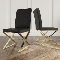 Dochic Modern Black Upholstered Leather Dining Table Chair Gold Legs Set Of 2