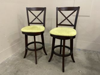 Contemporary Dark Finish Wooden Swiveling Counter Stools with Microplush Green Seat Cushions