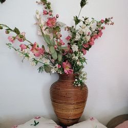 Silk Flowers With Rattan Vase