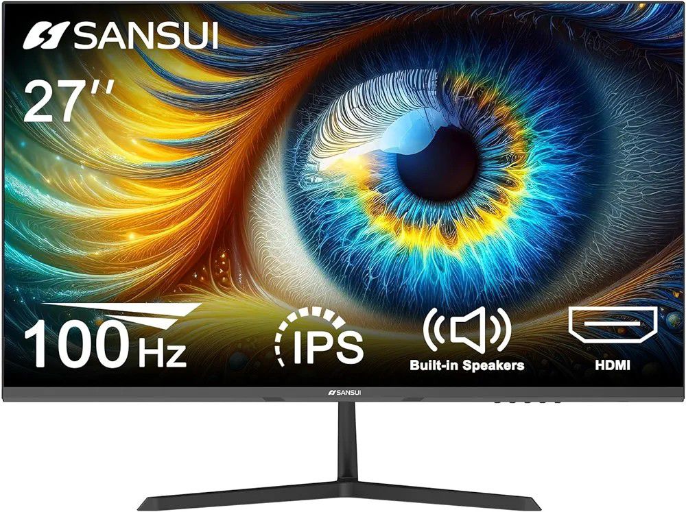 SANSUI Computer Monitor 27 inch IPS 100hz 1080P PC Monitor HDMI,VGA Ports with Built-in Speakers/Adaptive Sync/Frame-Less/VESA Compatible for Office