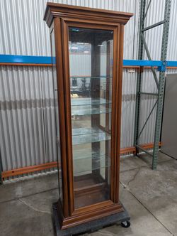 Traditional Cherry Stained Wood Curio Display Cabinet with Glass Shelves