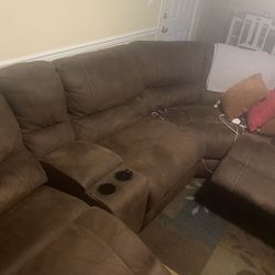 Brown Suede Recliner Sectional