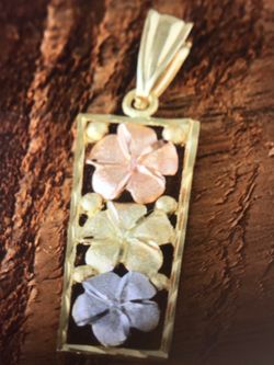 14k tri-color gold three plumeria vertical pendant