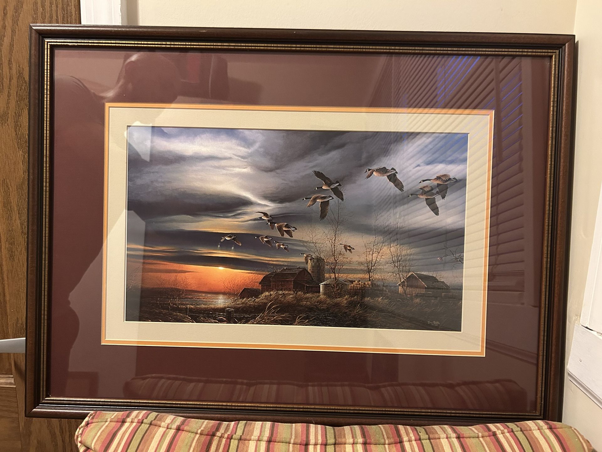 TERRY REDLIN PRINT ‘SILENT SUNSET’ Wildlife Geese Pond Red Barn Framed Matted
