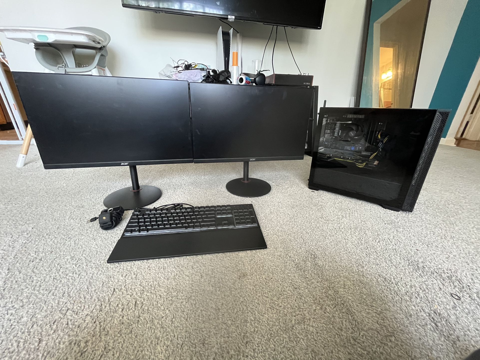 PowerSpec PC with Two monitors, Keyboard and webcam