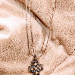 Double Silver Chain And Cross Pendant.