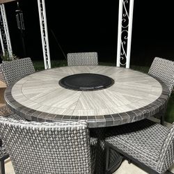 Fire Pit Patio Table & Six Chairs