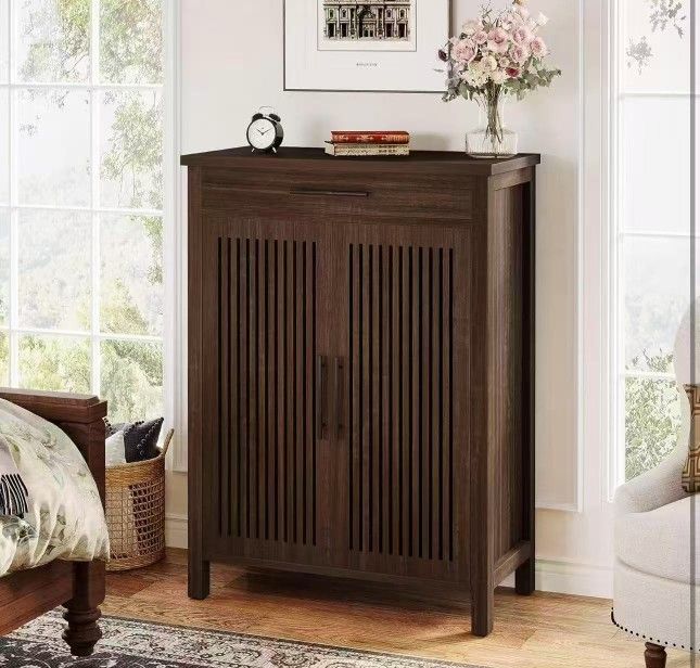 NY315 new assembled Shoe Cabinet, 5-Tier Shoe Storage Cabinet with Louvered Doors and Drawer, Freestanding Wooden Shoe Rack Organizer with Adjustable