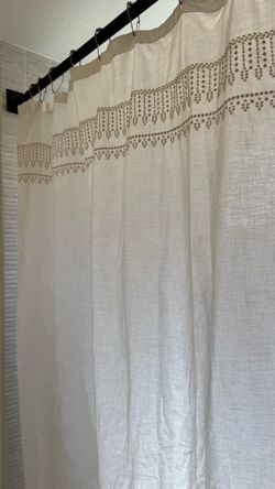 Hearth & Hand by Magnolia Taupe Embroidery Border shower curtain fringe