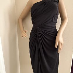 Black ruched cocktail party midi one shoulder dress medium size 6