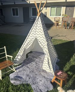 Teepee Tent Gray & White Zigzag Striped Thick Canvas 