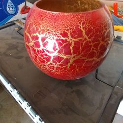 Vase, Fish Bowl Shape, Red & Gold Crackle
