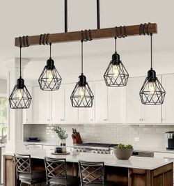 Farmhouse Dining Room Light Fixture,38.1" Kitchen Island Chandelier 5-Light Linear Diamond Cage Design, Adjustable Height, Rustic Wood & Black Metal S