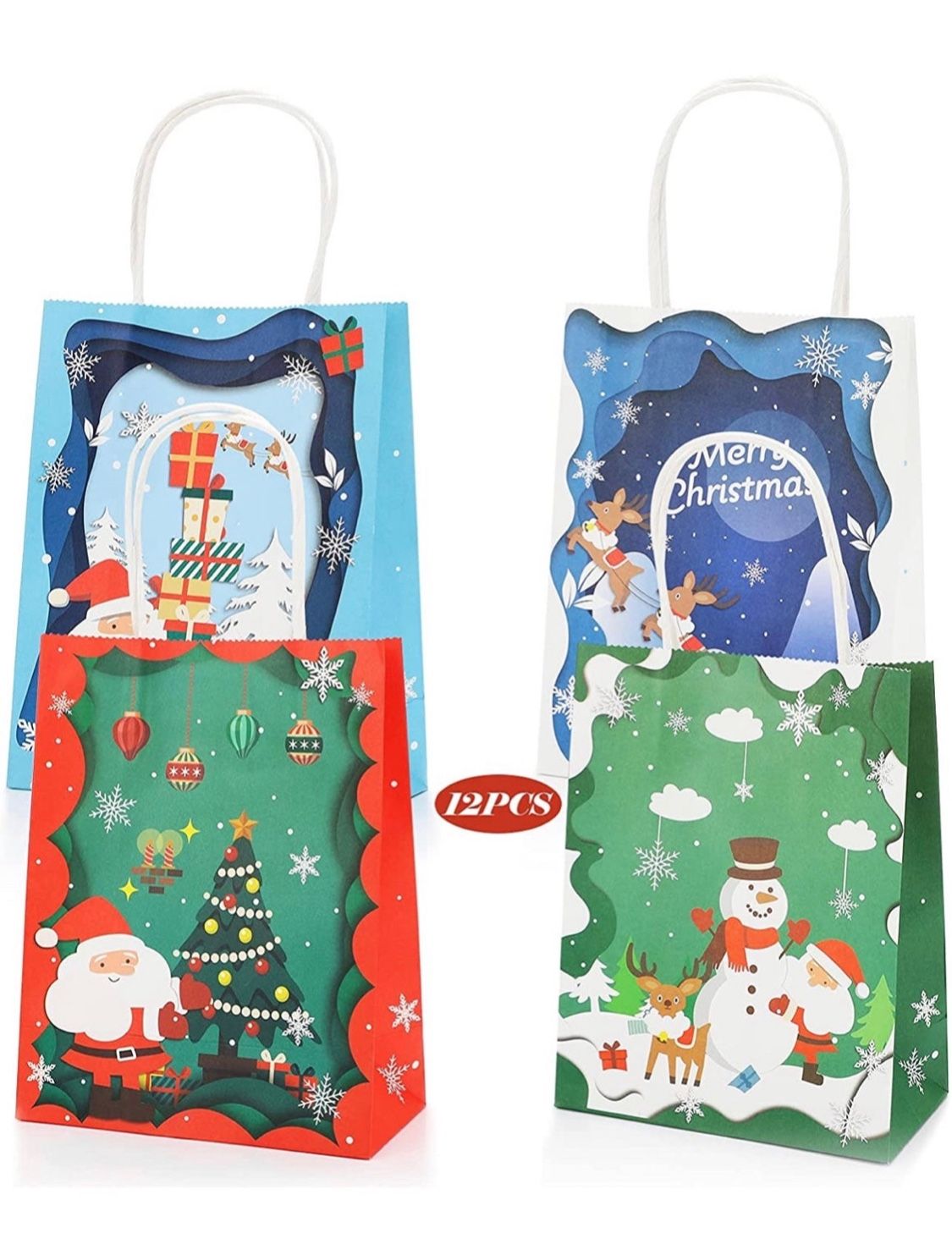 12 Pack Christmas Theme Gift Goody Kraft Bags Xmas