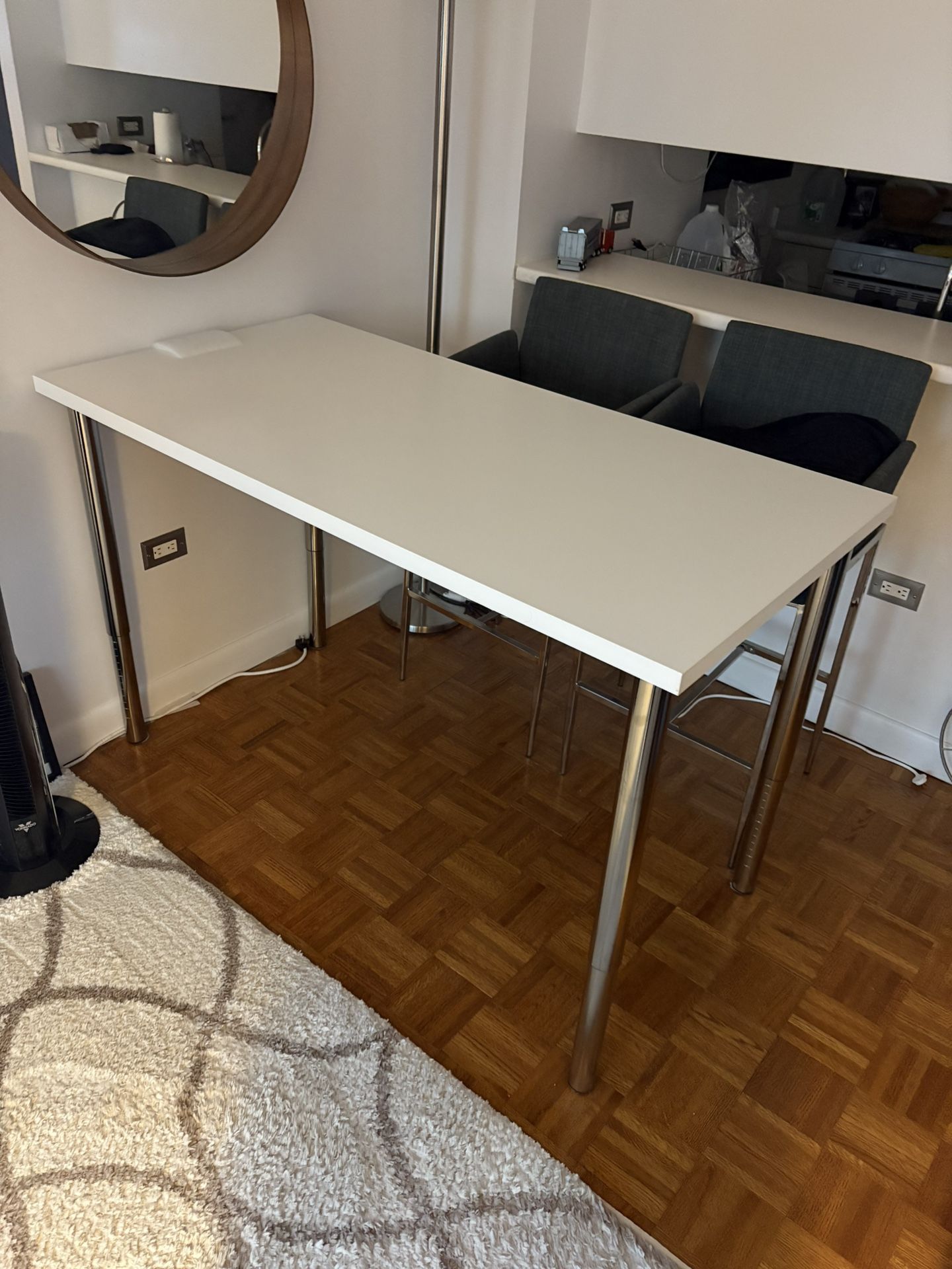Ikea Table 59” Long, 29.5” Wide height is 36.5” but it’s adjustable.         Desk End Decor Chairs sofa couch Nike Jordans mirror dresser weights toys