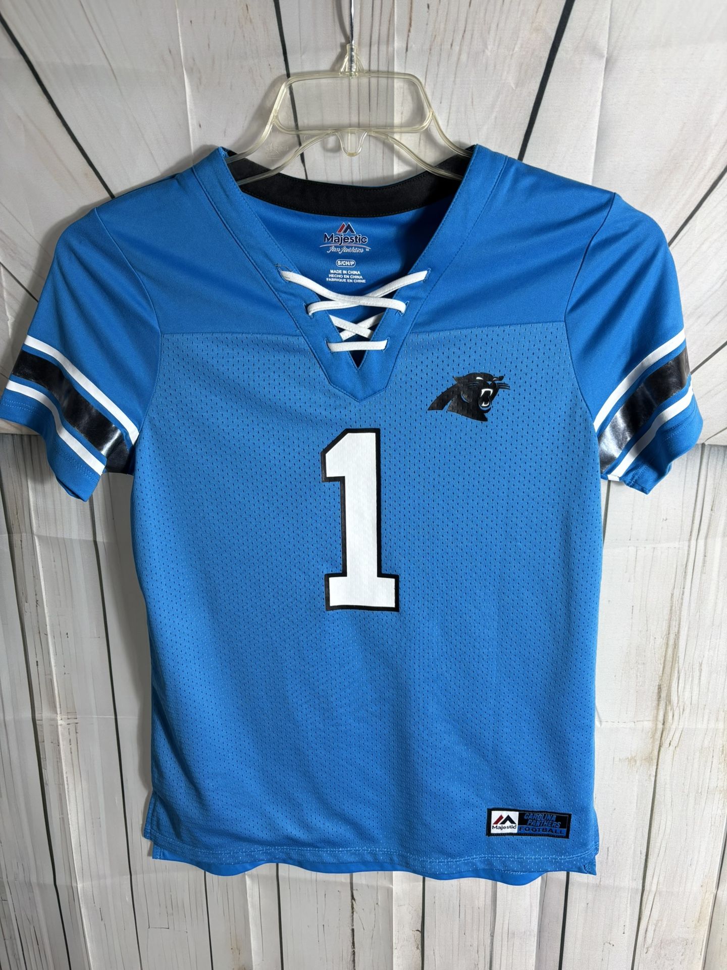 Cam Newton Men’s Majestic Carolina Panthers NFL Jersey T-Shirt Blue Small