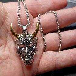Samurai demon Ghost mask Pendant with a 24 in chain