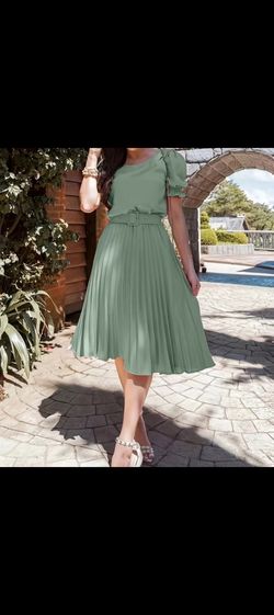 Green Pleated Midi Dress with Belt