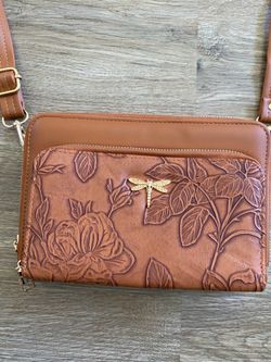 Crossbody purse tan floral design firefly emblem