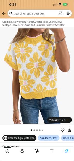 Saodimallsu Womens Floral Sweater Tops Short Sleeve Vintage Crew Neck Loose Knit Summer Pullover Sweaters