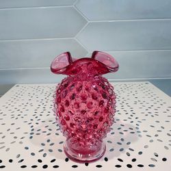 Vintage Fenton Cranberry  Hobnail Ruffled Mini Bud Vase 4"tall x 2 3/8” across the top