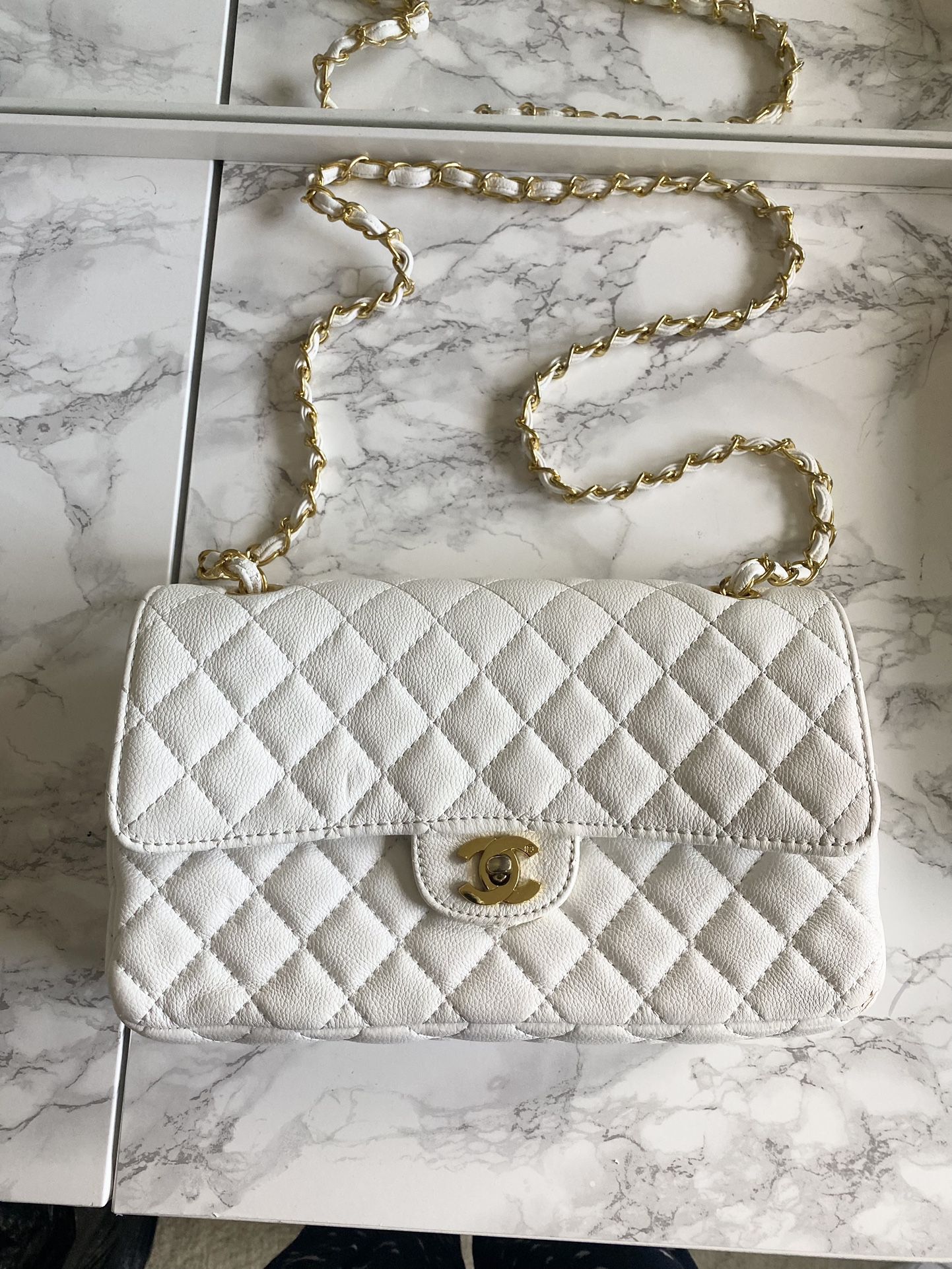 PRELOVED VINTAGE CHANEL DOUBLE FLAP MEDIUM BAG WHITE CAVIAR LEATHER GHW