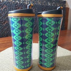 Two Starbucks Travel Cups With Authentic  African Fabric