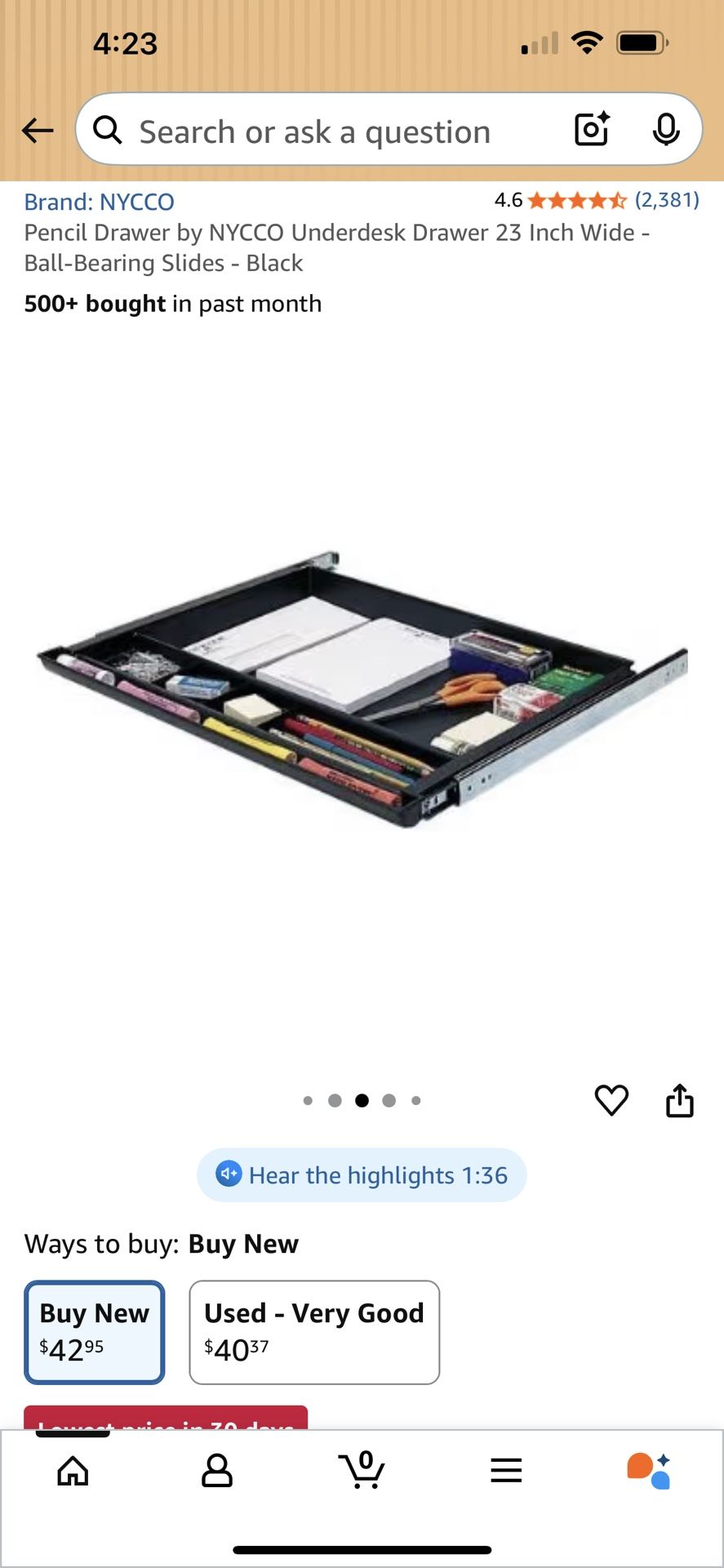 BRAND NEW- NYCCO Pencil Drawer Underdesk Drawer 23” Wide-Ball-Bearing Slides