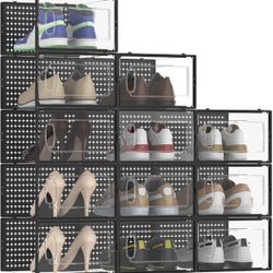 12 Pack Large Modular Clear Plastic Stackable Shoe Storage Organizer for Closet, Space Saving Versatile Sneaker Shoe Rack Containers Bins Holders, Por