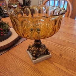 Vintage Art Glass Compote With Matble Base