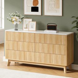Airynee Fluted 6 Drawers Dresser for Bedroom,52" Wide Handleless Chest of Drawers with Faux Marble Top, Wooden Dresser TV Stand, Wood Drawer Organizer