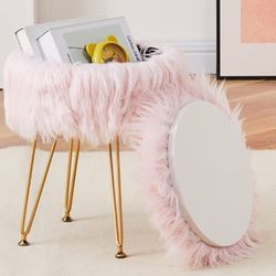 Mxfurhawa Faux Fur Storage Ottoman Round Furry Vanity Stool Marble Grain Tray Coffee Table Compact Footrest Stool with 4 Metal Legs Soft Makeup Seat F